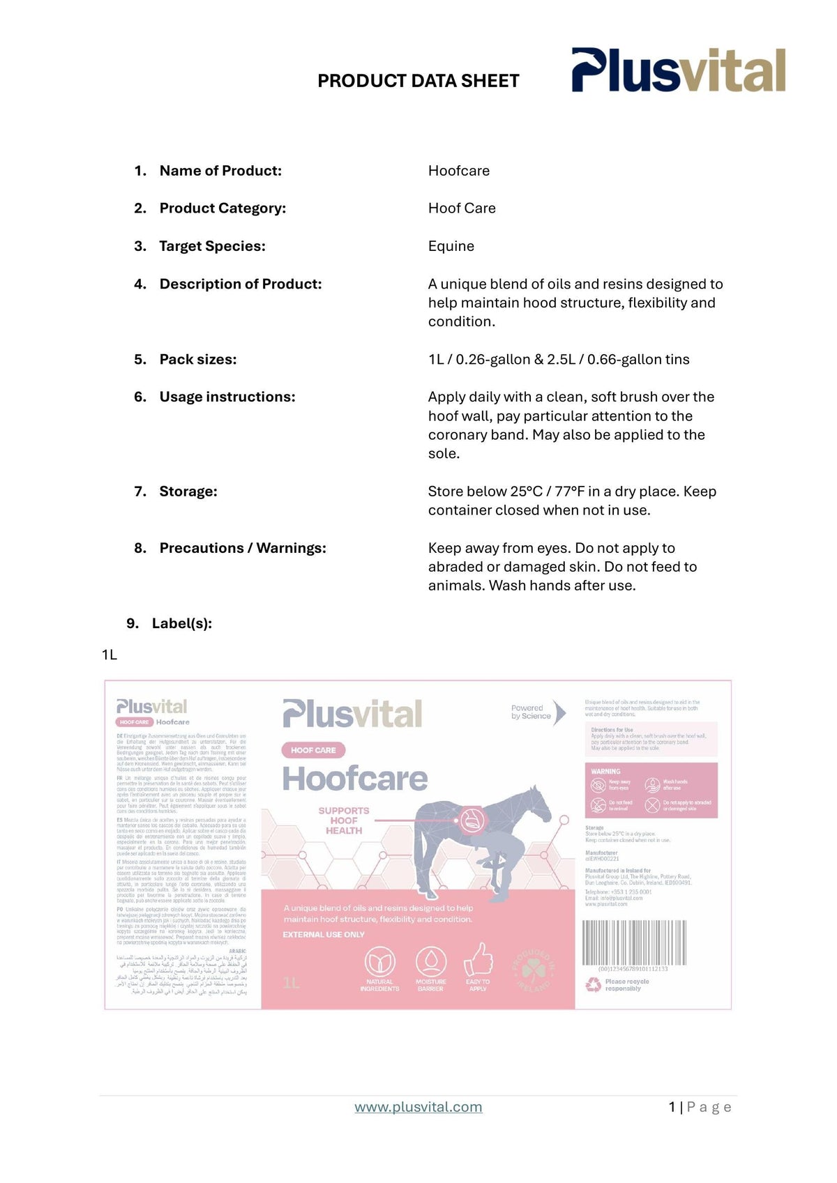 PLUS VITAL HoofCare 1l - Napredna nega za močna in zdrava kopita
